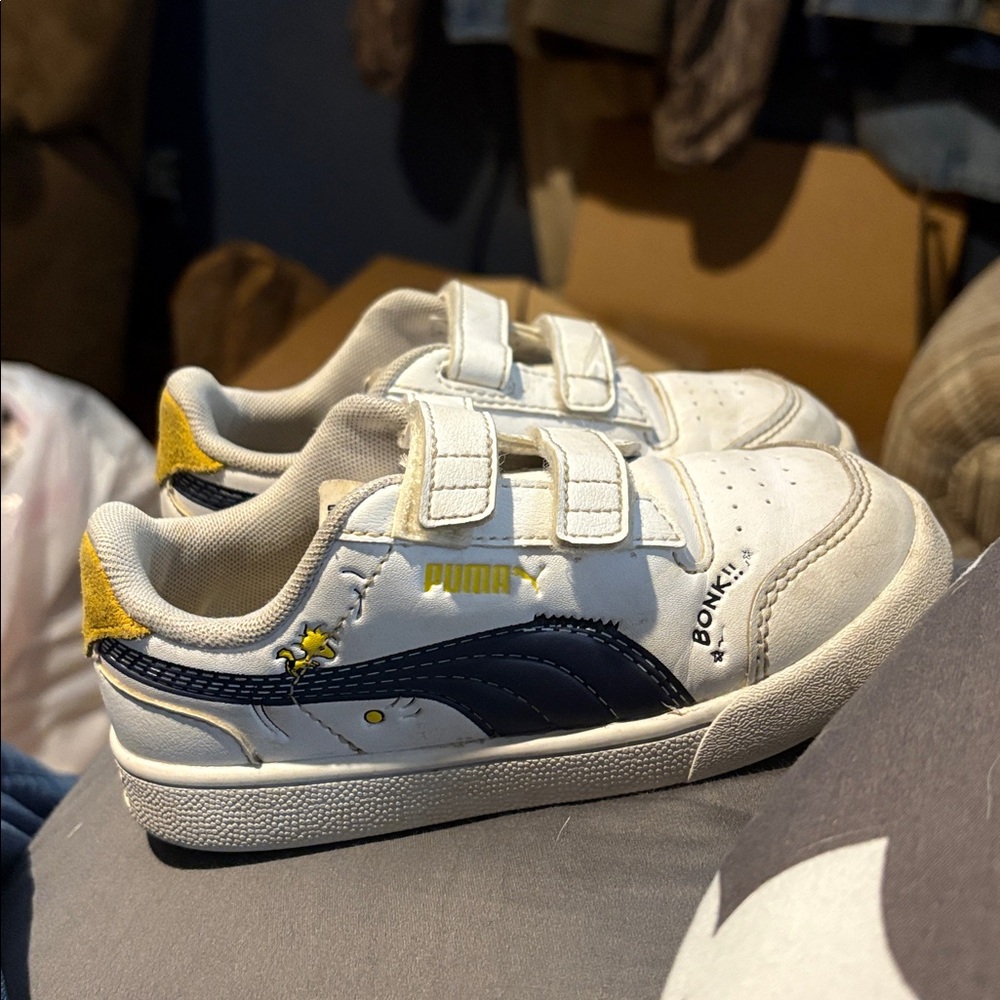 Puma Kids' White and Navy Sneakers with Yellow Accents